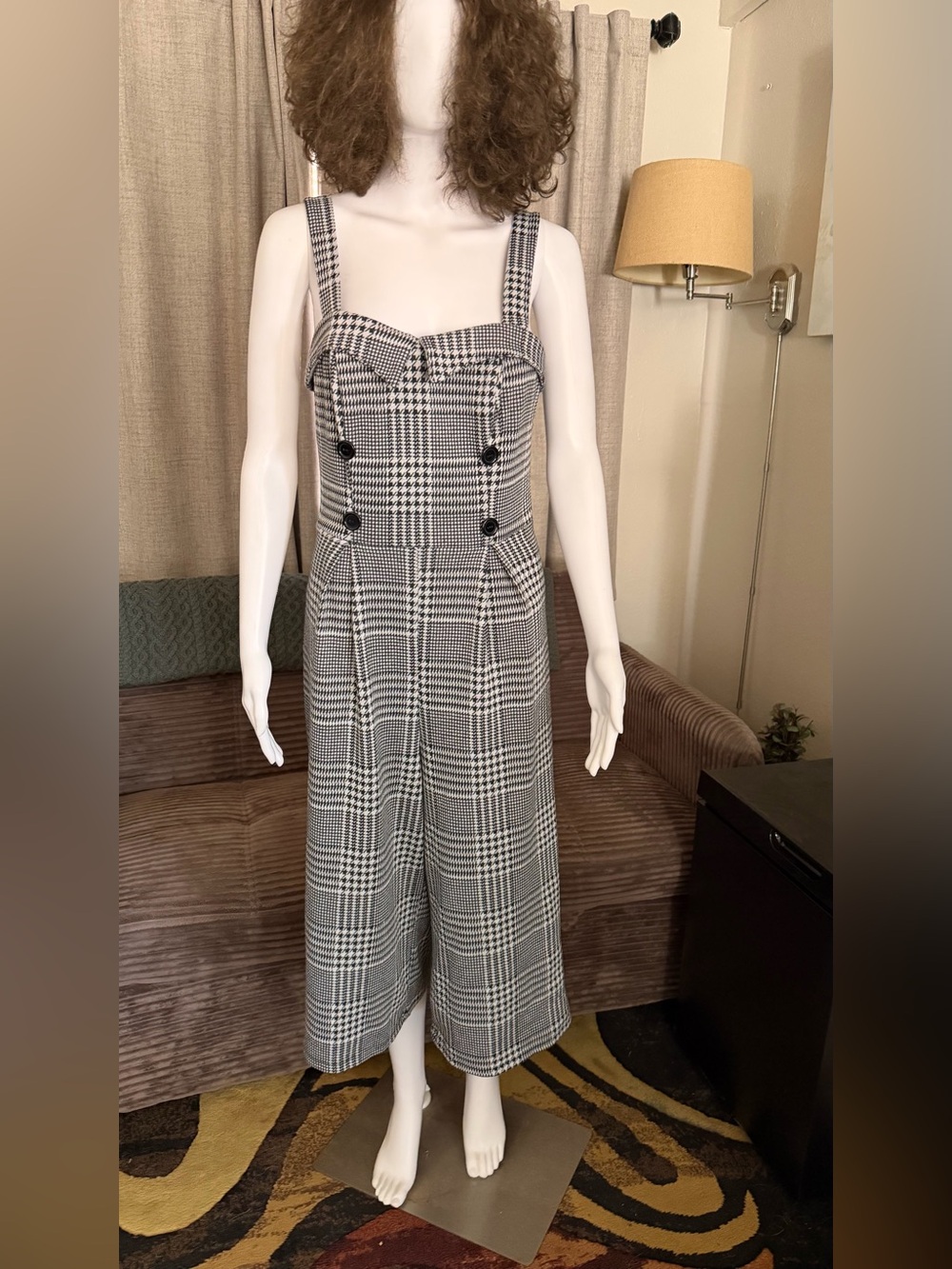 Plaid Wide-Leg Jumpsuit with Button Detail - Black/White